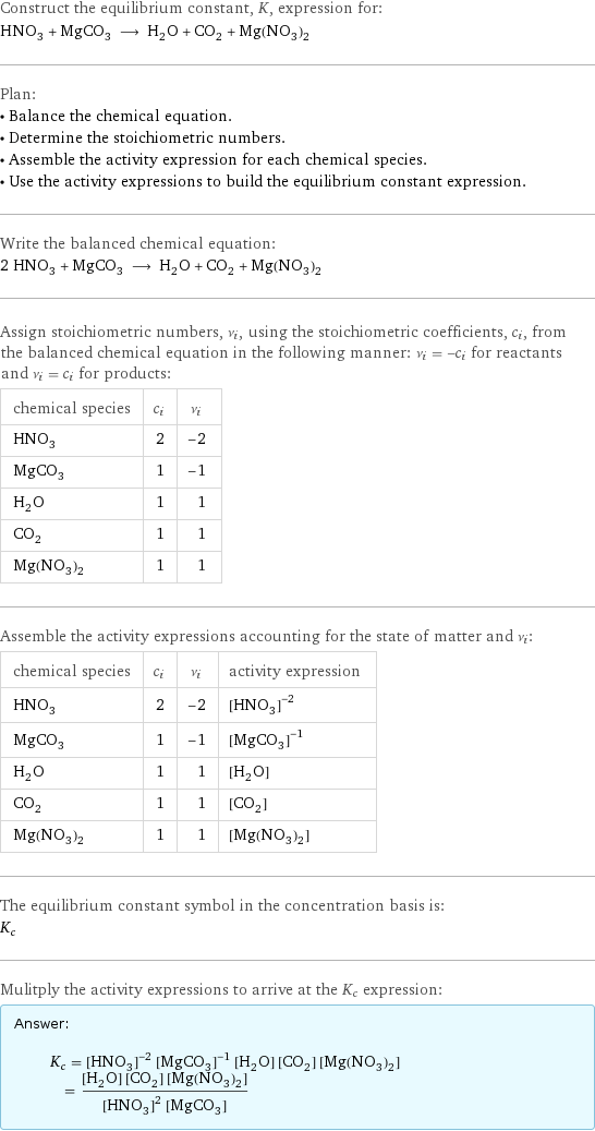 Construct the equilibrium constant, K, expression for: HNO_3 + MgCO_3 ⟶ H_2O + CO_2 + Mg(NO_3)_2 Plan: • Balance the chemical equation. • Determine the stoichiometric numbers. • Assemble the activity expression for each chemical species. • Use the activity expressions to build the equilibrium constant expression. Write the balanced chemical equation: 2 HNO_3 + MgCO_3 ⟶ H_2O + CO_2 + Mg(NO_3)_2 Assign stoichiometric numbers, ν_i, using the stoichiometric coefficients, c_i, from the balanced chemical equation in the following manner: ν_i = -c_i for reactants and ν_i = c_i for products: chemical species | c_i | ν_i HNO_3 | 2 | -2 MgCO_3 | 1 | -1 H_2O | 1 | 1 CO_2 | 1 | 1 Mg(NO_3)_2 | 1 | 1 Assemble the activity expressions accounting for the state of matter and ν_i: chemical species | c_i | ν_i | activity expression HNO_3 | 2 | -2 | ([HNO3])^(-2) MgCO_3 | 1 | -1 | ([MgCO3])^(-1) H_2O | 1 | 1 | [H2O] CO_2 | 1 | 1 | [CO2] Mg(NO_3)_2 | 1 | 1 | [Mg(NO3)2] The equilibrium constant symbol in the concentration basis is: K_c Mulitply the activity expressions to arrive at the K_c expression: Answer: |   | K_c = ([HNO3])^(-2) ([MgCO3])^(-1) [H2O] [CO2] [Mg(NO3)2] = ([H2O] [CO2] [Mg(NO3)2])/(([HNO3])^2 [MgCO3])