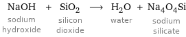 NaOH sodium hydroxide + SiO_2 silicon dioxide ⟶ H_2O water + Na_4O_4Si sodium silicate