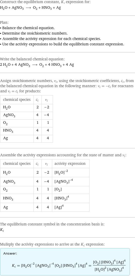 Construct the equilibrium constant, K, expression for: H_2O + AgNO_3 ⟶ O_2 + HNO_3 + Ag Plan: • Balance the chemical equation. • Determine the stoichiometric numbers. • Assemble the activity expression for each chemical species. • Use the activity expressions to build the equilibrium constant expression. Write the balanced chemical equation: 2 H_2O + 4 AgNO_3 ⟶ O_2 + 4 HNO_3 + 4 Ag Assign stoichiometric numbers, ν_i, using the stoichiometric coefficients, c_i, from the balanced chemical equation in the following manner: ν_i = -c_i for reactants and ν_i = c_i for products: chemical species | c_i | ν_i H_2O | 2 | -2 AgNO_3 | 4 | -4 O_2 | 1 | 1 HNO_3 | 4 | 4 Ag | 4 | 4 Assemble the activity expressions accounting for the state of matter and ν_i: chemical species | c_i | ν_i | activity expression H_2O | 2 | -2 | ([H2O])^(-2) AgNO_3 | 4 | -4 | ([AgNO3])^(-4) O_2 | 1 | 1 | [O2] HNO_3 | 4 | 4 | ([HNO3])^4 Ag | 4 | 4 | ([Ag])^4 The equilibrium constant symbol in the concentration basis is: K_c Mulitply the activity expressions to arrive at the K_c expression: Answer: |   | K_c = ([H2O])^(-2) ([AgNO3])^(-4) [O2] ([HNO3])^4 ([Ag])^4 = ([O2] ([HNO3])^4 ([Ag])^4)/(([H2O])^2 ([AgNO3])^4)