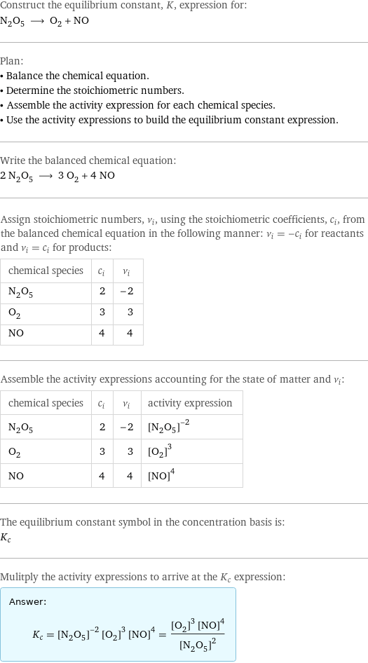 Construct the equilibrium constant, K, expression for: N_2O_5 ⟶ O_2 + NO Plan: • Balance the chemical equation. • Determine the stoichiometric numbers. • Assemble the activity expression for each chemical species. • Use the activity expressions to build the equilibrium constant expression. Write the balanced chemical equation: 2 N_2O_5 ⟶ 3 O_2 + 4 NO Assign stoichiometric numbers, ν_i, using the stoichiometric coefficients, c_i, from the balanced chemical equation in the following manner: ν_i = -c_i for reactants and ν_i = c_i for products: chemical species | c_i | ν_i N_2O_5 | 2 | -2 O_2 | 3 | 3 NO | 4 | 4 Assemble the activity expressions accounting for the state of matter and ν_i: chemical species | c_i | ν_i | activity expression N_2O_5 | 2 | -2 | ([N2O5])^(-2) O_2 | 3 | 3 | ([O2])^3 NO | 4 | 4 | ([NO])^4 The equilibrium constant symbol in the concentration basis is: K_c Mulitply the activity expressions to arrive at the K_c expression: Answer: |   | K_c = ([N2O5])^(-2) ([O2])^3 ([NO])^4 = (([O2])^3 ([NO])^4)/([N2O5])^2