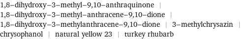 1, 8-dihydroxy-3-methyl-9, 10-anthraquinone | 1, 8-dihydroxy-3-methyl-anthracene-9, 10-dione | 1, 8-dihydroxy-3-methylanthracene-9, 10-dione | 3-methylchrysazin | chrysophanol | natural yellow 23 | turkey rhubarb