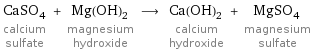 CaSO_4 calcium sulfate + Mg(OH)_2 magnesium hydroxide ⟶ Ca(OH)_2 calcium hydroxide + MgSO_4 magnesium sulfate