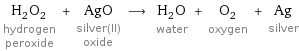 H_2O_2 hydrogen peroxide + AgO silver(II) oxide ⟶ H_2O water + O_2 oxygen + Ag silver