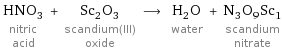 HNO_3 nitric acid + Sc_2O_3 scandium(III) oxide ⟶ H_2O water + N_3O_9Sc_1 scandium nitrate