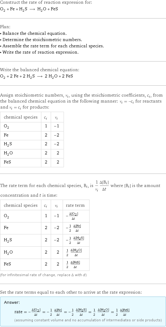 Construct the rate of reaction expression for: O_2 + Fe + H_2S ⟶ H_2O + FeS Plan: • Balance the chemical equation. • Determine the stoichiometric numbers. • Assemble the rate term for each chemical species. • Write the rate of reaction expression. Write the balanced chemical equation: O_2 + 2 Fe + 2 H_2S ⟶ 2 H_2O + 2 FeS Assign stoichiometric numbers, ν_i, using the stoichiometric coefficients, c_i, from the balanced chemical equation in the following manner: ν_i = -c_i for reactants and ν_i = c_i for products: chemical species | c_i | ν_i O_2 | 1 | -1 Fe | 2 | -2 H_2S | 2 | -2 H_2O | 2 | 2 FeS | 2 | 2 The rate term for each chemical species, B_i, is 1/ν_i(Δ[B_i])/(Δt) where [B_i] is the amount concentration and t is time: chemical species | c_i | ν_i | rate term O_2 | 1 | -1 | -(Δ[O2])/(Δt) Fe | 2 | -2 | -1/2 (Δ[Fe])/(Δt) H_2S | 2 | -2 | -1/2 (Δ[H2S])/(Δt) H_2O | 2 | 2 | 1/2 (Δ[H2O])/(Δt) FeS | 2 | 2 | 1/2 (Δ[FeS])/(Δt) (for infinitesimal rate of change, replace Δ with d) Set the rate terms equal to each other to arrive at the rate expression: Answer: |   | rate = -(Δ[O2])/(Δt) = -1/2 (Δ[Fe])/(Δt) = -1/2 (Δ[H2S])/(Δt) = 1/2 (Δ[H2O])/(Δt) = 1/2 (Δ[FeS])/(Δt) (assuming constant volume and no accumulation of intermediates or side products)