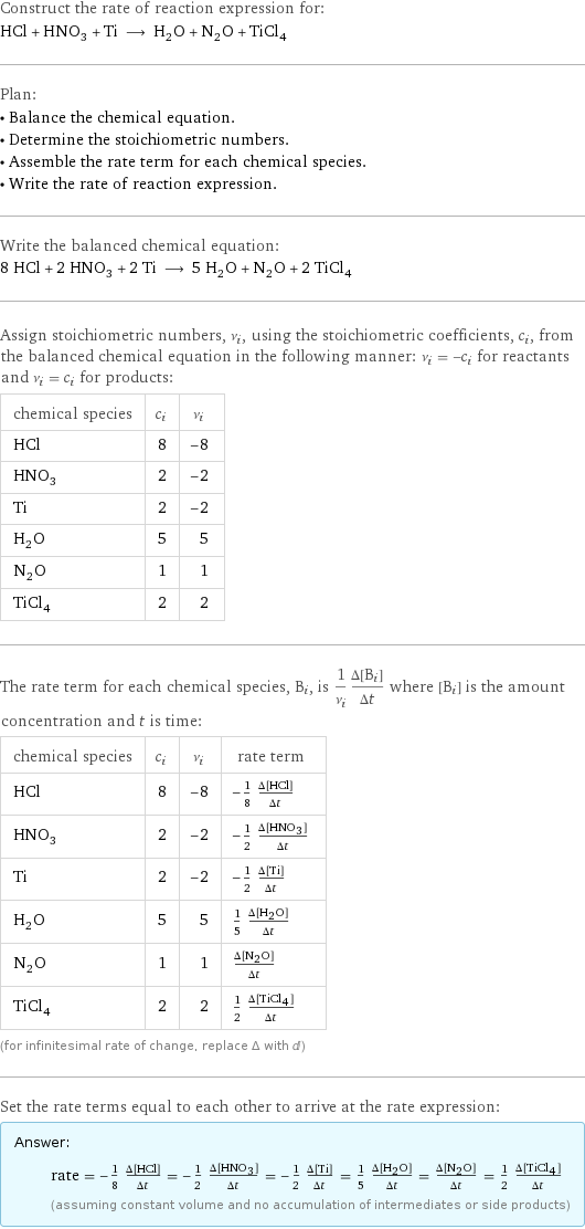 Construct the rate of reaction expression for: HCl + HNO_3 + Ti ⟶ H_2O + N_2O + TiCl_4 Plan: • Balance the chemical equation. • Determine the stoichiometric numbers. • Assemble the rate term for each chemical species. • Write the rate of reaction expression. Write the balanced chemical equation: 8 HCl + 2 HNO_3 + 2 Ti ⟶ 5 H_2O + N_2O + 2 TiCl_4 Assign stoichiometric numbers, ν_i, using the stoichiometric coefficients, c_i, from the balanced chemical equation in the following manner: ν_i = -c_i for reactants and ν_i = c_i for products: chemical species | c_i | ν_i HCl | 8 | -8 HNO_3 | 2 | -2 Ti | 2 | -2 H_2O | 5 | 5 N_2O | 1 | 1 TiCl_4 | 2 | 2 The rate term for each chemical species, B_i, is 1/ν_i(Δ[B_i])/(Δt) where [B_i] is the amount concentration and t is time: chemical species | c_i | ν_i | rate term HCl | 8 | -8 | -1/8 (Δ[HCl])/(Δt) HNO_3 | 2 | -2 | -1/2 (Δ[HNO3])/(Δt) Ti | 2 | -2 | -1/2 (Δ[Ti])/(Δt) H_2O | 5 | 5 | 1/5 (Δ[H2O])/(Δt) N_2O | 1 | 1 | (Δ[N2O])/(Δt) TiCl_4 | 2 | 2 | 1/2 (Δ[TiCl4])/(Δt) (for infinitesimal rate of change, replace Δ with d) Set the rate terms equal to each other to arrive at the rate expression: Answer: |   | rate = -1/8 (Δ[HCl])/(Δt) = -1/2 (Δ[HNO3])/(Δt) = -1/2 (Δ[Ti])/(Δt) = 1/5 (Δ[H2O])/(Δt) = (Δ[N2O])/(Δt) = 1/2 (Δ[TiCl4])/(Δt) (assuming constant volume and no accumulation of intermediates or side products)