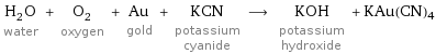 H_2O water + O_2 oxygen + Au gold + KCN potassium cyanide ⟶ KOH potassium hydroxide + KAu(CN)4