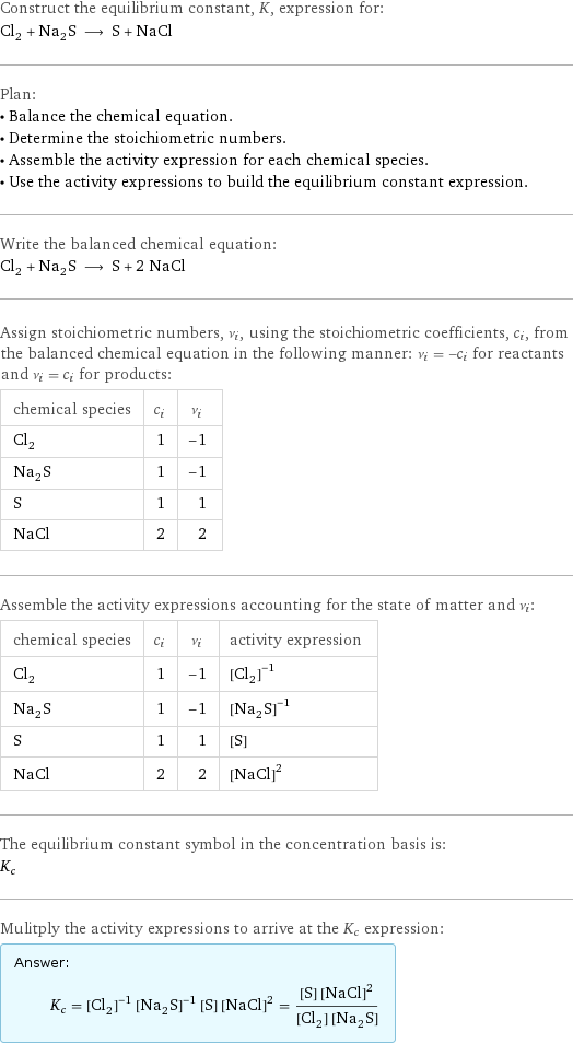 Construct the equilibrium constant, K, expression for: Cl_2 + Na_2S ⟶ S + NaCl Plan: • Balance the chemical equation. • Determine the stoichiometric numbers. • Assemble the activity expression for each chemical species. • Use the activity expressions to build the equilibrium constant expression. Write the balanced chemical equation: Cl_2 + Na_2S ⟶ S + 2 NaCl Assign stoichiometric numbers, ν_i, using the stoichiometric coefficients, c_i, from the balanced chemical equation in the following manner: ν_i = -c_i for reactants and ν_i = c_i for products: chemical species | c_i | ν_i Cl_2 | 1 | -1 Na_2S | 1 | -1 S | 1 | 1 NaCl | 2 | 2 Assemble the activity expressions accounting for the state of matter and ν_i: chemical species | c_i | ν_i | activity expression Cl_2 | 1 | -1 | ([Cl2])^(-1) Na_2S | 1 | -1 | ([Na2S])^(-1) S | 1 | 1 | [S] NaCl | 2 | 2 | ([NaCl])^2 The equilibrium constant symbol in the concentration basis is: K_c Mulitply the activity expressions to arrive at the K_c expression: Answer: |   | K_c = ([Cl2])^(-1) ([Na2S])^(-1) [S] ([NaCl])^2 = ([S] ([NaCl])^2)/([Cl2] [Na2S])