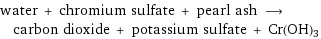 water + chromium sulfate + pearl ash ⟶ carbon dioxide + potassium sulfate + Cr(OH)3