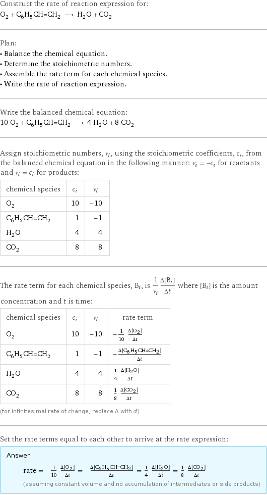 Construct the rate of reaction expression for: O_2 + C_6H_5CH=CH_2 ⟶ H_2O + CO_2 Plan: • Balance the chemical equation. • Determine the stoichiometric numbers. • Assemble the rate term for each chemical species. • Write the rate of reaction expression. Write the balanced chemical equation: 10 O_2 + C_6H_5CH=CH_2 ⟶ 4 H_2O + 8 CO_2 Assign stoichiometric numbers, ν_i, using the stoichiometric coefficients, c_i, from the balanced chemical equation in the following manner: ν_i = -c_i for reactants and ν_i = c_i for products: chemical species | c_i | ν_i O_2 | 10 | -10 C_6H_5CH=CH_2 | 1 | -1 H_2O | 4 | 4 CO_2 | 8 | 8 The rate term for each chemical species, B_i, is 1/ν_i(Δ[B_i])/(Δt) where [B_i] is the amount concentration and t is time: chemical species | c_i | ν_i | rate term O_2 | 10 | -10 | -1/10 (Δ[O2])/(Δt) C_6H_5CH=CH_2 | 1 | -1 | -(Δ[C6H5CH=CH2])/(Δt) H_2O | 4 | 4 | 1/4 (Δ[H2O])/(Δt) CO_2 | 8 | 8 | 1/8 (Δ[CO2])/(Δt) (for infinitesimal rate of change, replace Δ with d) Set the rate terms equal to each other to arrive at the rate expression: Answer: |   | rate = -1/10 (Δ[O2])/(Δt) = -(Δ[C6H5CH=CH2])/(Δt) = 1/4 (Δ[H2O])/(Δt) = 1/8 (Δ[CO2])/(Δt) (assuming constant volume and no accumulation of intermediates or side products)