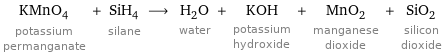 KMnO_4 potassium permanganate + SiH_4 silane ⟶ H_2O water + KOH potassium hydroxide + MnO_2 manganese dioxide + SiO_2 silicon dioxide