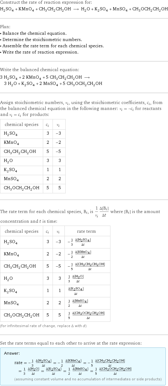 Construct the rate of reaction expression for: H_2SO_4 + KMnO_4 + CH_3CH_2CH_2OH ⟶ H_2O + K_2SO_4 + MnSO_4 + CH_3OCH_2CH_2OH Plan: • Balance the chemical equation. • Determine the stoichiometric numbers. • Assemble the rate term for each chemical species. • Write the rate of reaction expression. Write the balanced chemical equation: 3 H_2SO_4 + 2 KMnO_4 + 5 CH_3CH_2CH_2OH ⟶ 3 H_2O + K_2SO_4 + 2 MnSO_4 + 5 CH_3OCH_2CH_2OH Assign stoichiometric numbers, ν_i, using the stoichiometric coefficients, c_i, from the balanced chemical equation in the following manner: ν_i = -c_i for reactants and ν_i = c_i for products: chemical species | c_i | ν_i H_2SO_4 | 3 | -3 KMnO_4 | 2 | -2 CH_3CH_2CH_2OH | 5 | -5 H_2O | 3 | 3 K_2SO_4 | 1 | 1 MnSO_4 | 2 | 2 CH_3OCH_2CH_2OH | 5 | 5 The rate term for each chemical species, B_i, is 1/ν_i(Δ[B_i])/(Δt) where [B_i] is the amount concentration and t is time: chemical species | c_i | ν_i | rate term H_2SO_4 | 3 | -3 | -1/3 (Δ[H2SO4])/(Δt) KMnO_4 | 2 | -2 | -1/2 (Δ[KMnO4])/(Δt) CH_3CH_2CH_2OH | 5 | -5 | -1/5 (Δ[CH3CH2CH2OH])/(Δt) H_2O | 3 | 3 | 1/3 (Δ[H2O])/(Δt) K_2SO_4 | 1 | 1 | (Δ[K2SO4])/(Δt) MnSO_4 | 2 | 2 | 1/2 (Δ[MnSO4])/(Δt) CH_3OCH_2CH_2OH | 5 | 5 | 1/5 (Δ[CH3OCH2CH2OH])/(Δt) (for infinitesimal rate of change, replace Δ with d) Set the rate terms equal to each other to arrive at the rate expression: Answer: |   | rate = -1/3 (Δ[H2SO4])/(Δt) = -1/2 (Δ[KMnO4])/(Δt) = -1/5 (Δ[CH3CH2CH2OH])/(Δt) = 1/3 (Δ[H2O])/(Δt) = (Δ[K2SO4])/(Δt) = 1/2 (Δ[MnSO4])/(Δt) = 1/5 (Δ[CH3OCH2CH2OH])/(Δt) (assuming constant volume and no accumulation of intermediates or side products)