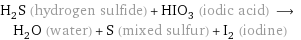 H_2S (hydrogen sulfide) + HIO_3 (iodic acid) ⟶ H_2O (water) + S (mixed sulfur) + I_2 (iodine)