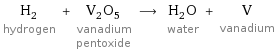 H_2 hydrogen + V_2O_5 vanadium pentoxide ⟶ H_2O water + V vanadium