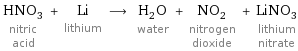 HNO_3 nitric acid + Li lithium ⟶ H_2O water + NO_2 nitrogen dioxide + LiNO_3 lithium nitrate
