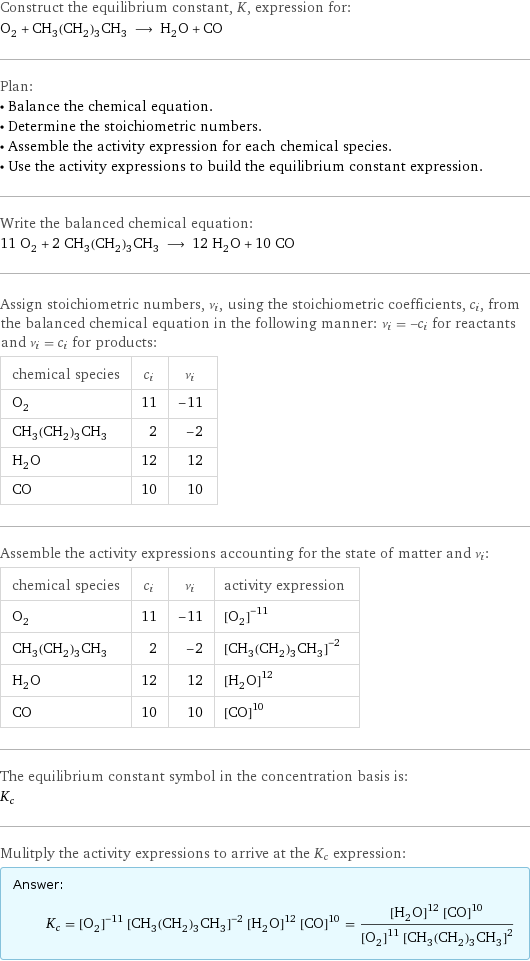 Construct the equilibrium constant, K, expression for: O_2 + CH_3(CH_2)_3CH_3 ⟶ H_2O + CO Plan: • Balance the chemical equation. • Determine the stoichiometric numbers. • Assemble the activity expression for each chemical species. • Use the activity expressions to build the equilibrium constant expression. Write the balanced chemical equation: 11 O_2 + 2 CH_3(CH_2)_3CH_3 ⟶ 12 H_2O + 10 CO Assign stoichiometric numbers, ν_i, using the stoichiometric coefficients, c_i, from the balanced chemical equation in the following manner: ν_i = -c_i for reactants and ν_i = c_i for products: chemical species | c_i | ν_i O_2 | 11 | -11 CH_3(CH_2)_3CH_3 | 2 | -2 H_2O | 12 | 12 CO | 10 | 10 Assemble the activity expressions accounting for the state of matter and ν_i: chemical species | c_i | ν_i | activity expression O_2 | 11 | -11 | ([O2])^(-11) CH_3(CH_2)_3CH_3 | 2 | -2 | ([CH3(CH2)3CH3])^(-2) H_2O | 12 | 12 | ([H2O])^12 CO | 10 | 10 | ([CO])^10 The equilibrium constant symbol in the concentration basis is: K_c Mulitply the activity expressions to arrive at the K_c expression: Answer: |   | K_c = ([O2])^(-11) ([CH3(CH2)3CH3])^(-2) ([H2O])^12 ([CO])^10 = (([H2O])^12 ([CO])^10)/(([O2])^11 ([CH3(CH2)3CH3])^2)