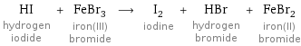 HI hydrogen iodide + FeBr_3 iron(III) bromide ⟶ I_2 iodine + HBr hydrogen bromide + FeBr_2 iron(II) bromide