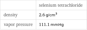  | selenium tetrachloride density | 2.6 g/cm^3 vapor pressure | 111.1 mmHg