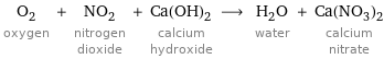 O_2 oxygen + NO_2 nitrogen dioxide + Ca(OH)_2 calcium hydroxide ⟶ H_2O water + Ca(NO_3)_2 calcium nitrate