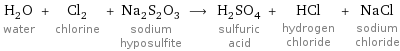 H_2O water + Cl_2 chlorine + Na_2S_2O_3 sodium hyposulfite ⟶ H_2SO_4 sulfuric acid + HCl hydrogen chloride + NaCl sodium chloride