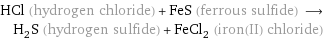 HCl (hydrogen chloride) + FeS (ferrous sulfide) ⟶ H_2S (hydrogen sulfide) + FeCl_2 (iron(II) chloride)