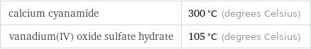 calcium cyanamide | 300 °C (degrees Celsius) vanadium(IV) oxide sulfate hydrate | 105 °C (degrees Celsius)