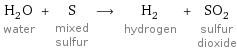 H_2O water + S mixed sulfur ⟶ H_2 hydrogen + SO_2 sulfur dioxide