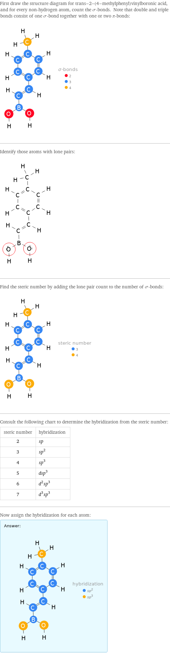 First draw the structure diagram for trans-2-(4-methylphenyl)vinylboronic acid, and for every non-hydrogen atom, count the σ-bonds. Note that double and triple bonds consist of one σ-bond together with one or two π-bonds:  Identify those atoms with lone pairs:  Find the steric number by adding the lone pair count to the number of σ-bonds:  Consult the following chart to determine the hybridization from the steric number: steric number | hybridization 2 | sp 3 | sp^2 4 | sp^3 5 | dsp^3 6 | d^2sp^3 7 | d^3sp^3 Now assign the hybridization for each atom: Answer: |   | 