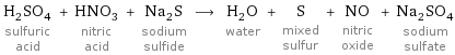 H_2SO_4 sulfuric acid + HNO_3 nitric acid + Na_2S sodium sulfide ⟶ H_2O water + S mixed sulfur + NO nitric oxide + Na_2SO_4 sodium sulfate