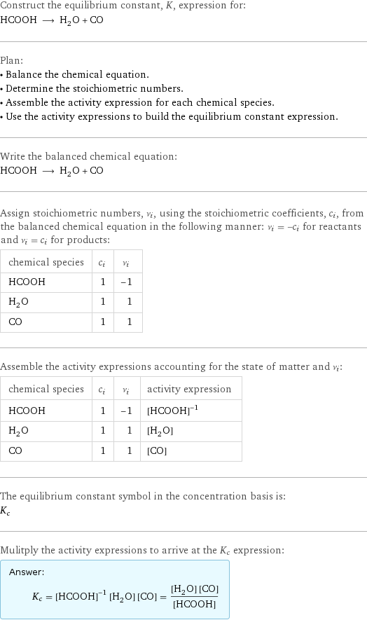 Construct the equilibrium constant, K, expression for: HCOOH ⟶ H_2O + CO Plan: • Balance the chemical equation. • Determine the stoichiometric numbers. • Assemble the activity expression for each chemical species. • Use the activity expressions to build the equilibrium constant expression. Write the balanced chemical equation: HCOOH ⟶ H_2O + CO Assign stoichiometric numbers, ν_i, using the stoichiometric coefficients, c_i, from the balanced chemical equation in the following manner: ν_i = -c_i for reactants and ν_i = c_i for products: chemical species | c_i | ν_i HCOOH | 1 | -1 H_2O | 1 | 1 CO | 1 | 1 Assemble the activity expressions accounting for the state of matter and ν_i: chemical species | c_i | ν_i | activity expression HCOOH | 1 | -1 | ([HCOOH])^(-1) H_2O | 1 | 1 | [H2O] CO | 1 | 1 | [CO] The equilibrium constant symbol in the concentration basis is: K_c Mulitply the activity expressions to arrive at the K_c expression: Answer: |   | K_c = ([HCOOH])^(-1) [H2O] [CO] = ([H2O] [CO])/([HCOOH])