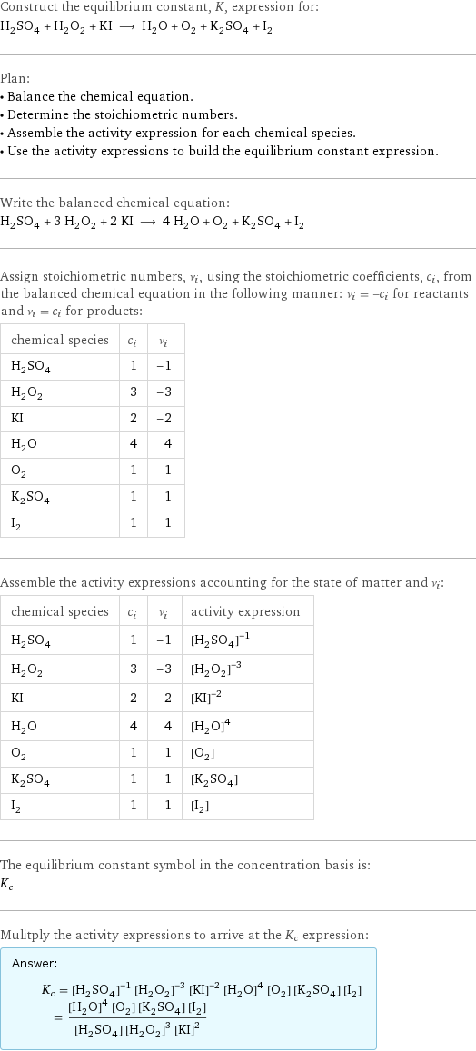 Construct the equilibrium constant, K, expression for: H_2SO_4 + H_2O_2 + KI ⟶ H_2O + O_2 + K_2SO_4 + I_2 Plan: • Balance the chemical equation. • Determine the stoichiometric numbers. • Assemble the activity expression for each chemical species. • Use the activity expressions to build the equilibrium constant expression. Write the balanced chemical equation: H_2SO_4 + 3 H_2O_2 + 2 KI ⟶ 4 H_2O + O_2 + K_2SO_4 + I_2 Assign stoichiometric numbers, ν_i, using the stoichiometric coefficients, c_i, from the balanced chemical equation in the following manner: ν_i = -c_i for reactants and ν_i = c_i for products: chemical species | c_i | ν_i H_2SO_4 | 1 | -1 H_2O_2 | 3 | -3 KI | 2 | -2 H_2O | 4 | 4 O_2 | 1 | 1 K_2SO_4 | 1 | 1 I_2 | 1 | 1 Assemble the activity expressions accounting for the state of matter and ν_i: chemical species | c_i | ν_i | activity expression H_2SO_4 | 1 | -1 | ([H2SO4])^(-1) H_2O_2 | 3 | -3 | ([H2O2])^(-3) KI | 2 | -2 | ([KI])^(-2) H_2O | 4 | 4 | ([H2O])^4 O_2 | 1 | 1 | [O2] K_2SO_4 | 1 | 1 | [K2SO4] I_2 | 1 | 1 | [I2] The equilibrium constant symbol in the concentration basis is: K_c Mulitply the activity expressions to arrive at the K_c expression: Answer: |   | K_c = ([H2SO4])^(-1) ([H2O2])^(-3) ([KI])^(-2) ([H2O])^4 [O2] [K2SO4] [I2] = (([H2O])^4 [O2] [K2SO4] [I2])/([H2SO4] ([H2O2])^3 ([KI])^2)