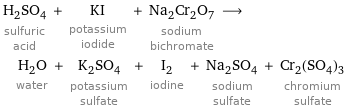 H_2SO_4 sulfuric acid + KI potassium iodide + Na_2Cr_2O_7 sodium bichromate ⟶ H_2O water + K_2SO_4 potassium sulfate + I_2 iodine + Na_2SO_4 sodium sulfate + Cr_2(SO_4)_3 chromium sulfate