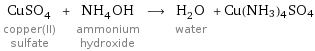 CuSO_4 copper(II) sulfate + NH_4OH ammonium hydroxide ⟶ H_2O water + Cu(NH3)4SO4