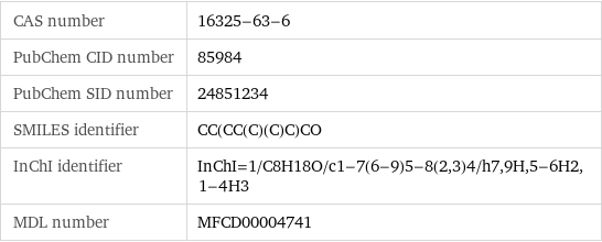 CAS number | 16325-63-6 PubChem CID number | 85984 PubChem SID number | 24851234 SMILES identifier | CC(CC(C)(C)C)CO InChI identifier | InChI=1/C8H18O/c1-7(6-9)5-8(2, 3)4/h7, 9H, 5-6H2, 1-4H3 MDL number | MFCD00004741