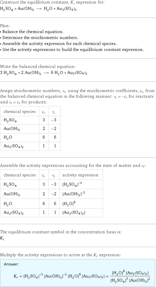 Construct the equilibrium constant, K, expression for: H_2SO_4 + Au(OH)_3 ⟶ H_2O + Au2(SO4)3 Plan: • Balance the chemical equation. • Determine the stoichiometric numbers. • Assemble the activity expression for each chemical species. • Use the activity expressions to build the equilibrium constant expression. Write the balanced chemical equation: 3 H_2SO_4 + 2 Au(OH)_3 ⟶ 6 H_2O + Au2(SO4)3 Assign stoichiometric numbers, ν_i, using the stoichiometric coefficients, c_i, from the balanced chemical equation in the following manner: ν_i = -c_i for reactants and ν_i = c_i for products: chemical species | c_i | ν_i H_2SO_4 | 3 | -3 Au(OH)_3 | 2 | -2 H_2O | 6 | 6 Au2(SO4)3 | 1 | 1 Assemble the activity expressions accounting for the state of matter and ν_i: chemical species | c_i | ν_i | activity expression H_2SO_4 | 3 | -3 | ([H2SO4])^(-3) Au(OH)_3 | 2 | -2 | ([Au(OH)3])^(-2) H_2O | 6 | 6 | ([H2O])^6 Au2(SO4)3 | 1 | 1 | [Au2(SO4)3] The equilibrium constant symbol in the concentration basis is: K_c Mulitply the activity expressions to arrive at the K_c expression: Answer: |   | K_c = ([H2SO4])^(-3) ([Au(OH)3])^(-2) ([H2O])^6 [Au2(SO4)3] = (([H2O])^6 [Au2(SO4)3])/(([H2SO4])^3 ([Au(OH)3])^2)