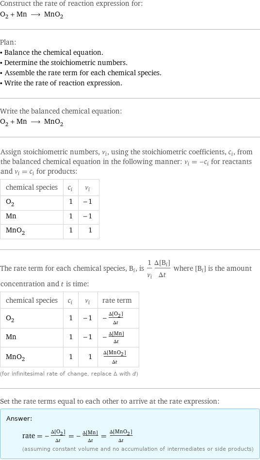 Construct the rate of reaction expression for: O_2 + Mn ⟶ MnO_2 Plan: • Balance the chemical equation. • Determine the stoichiometric numbers. • Assemble the rate term for each chemical species. • Write the rate of reaction expression. Write the balanced chemical equation: O_2 + Mn ⟶ MnO_2 Assign stoichiometric numbers, ν_i, using the stoichiometric coefficients, c_i, from the balanced chemical equation in the following manner: ν_i = -c_i for reactants and ν_i = c_i for products: chemical species | c_i | ν_i O_2 | 1 | -1 Mn | 1 | -1 MnO_2 | 1 | 1 The rate term for each chemical species, B_i, is 1/ν_i(Δ[B_i])/(Δt) where [B_i] is the amount concentration and t is time: chemical species | c_i | ν_i | rate term O_2 | 1 | -1 | -(Δ[O2])/(Δt) Mn | 1 | -1 | -(Δ[Mn])/(Δt) MnO_2 | 1 | 1 | (Δ[MnO2])/(Δt) (for infinitesimal rate of change, replace Δ with d) Set the rate terms equal to each other to arrive at the rate expression: Answer: |   | rate = -(Δ[O2])/(Δt) = -(Δ[Mn])/(Δt) = (Δ[MnO2])/(Δt) (assuming constant volume and no accumulation of intermediates or side products)