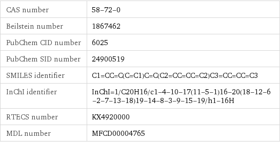 CAS number | 58-72-0 Beilstein number | 1867462 PubChem CID number | 6025 PubChem SID number | 24900519 SMILES identifier | C1=CC=C(C=C1)C=C(C2=CC=CC=C2)C3=CC=CC=C3 InChI identifier | InChI=1/C20H16/c1-4-10-17(11-5-1)16-20(18-12-6-2-7-13-18)19-14-8-3-9-15-19/h1-16H RTECS number | KX4920000 MDL number | MFCD00004765