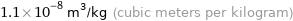 1.1×10^-8 m^3/kg (cubic meters per kilogram)