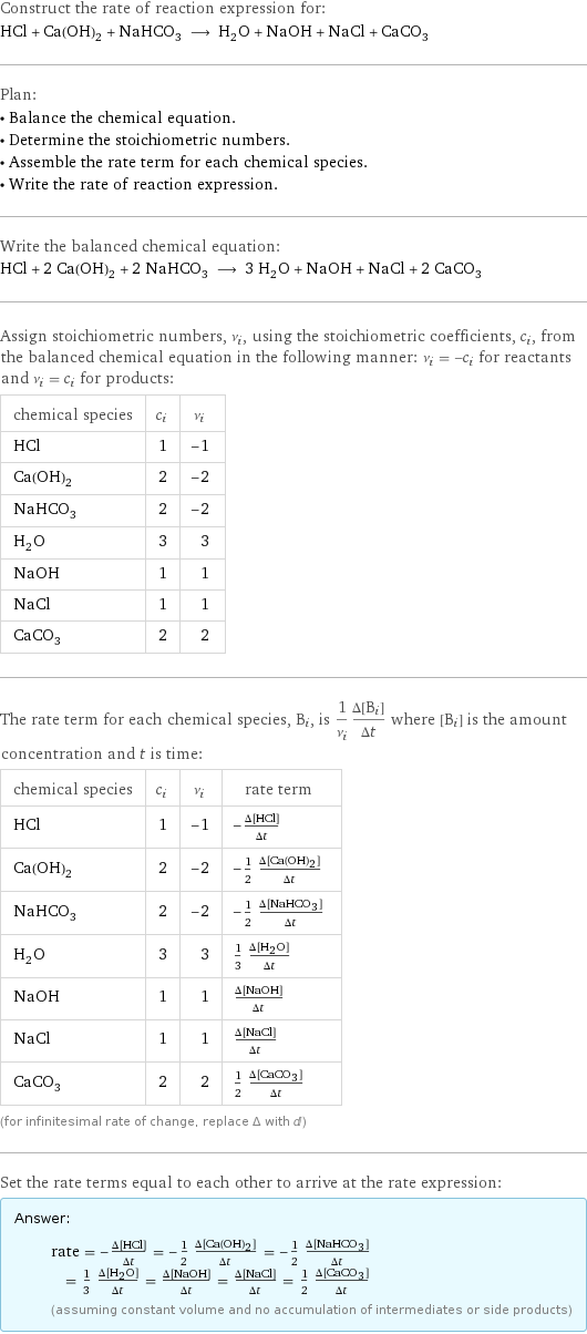 Construct the rate of reaction expression for: HCl + Ca(OH)_2 + NaHCO_3 ⟶ H_2O + NaOH + NaCl + CaCO_3 Plan: • Balance the chemical equation. • Determine the stoichiometric numbers. • Assemble the rate term for each chemical species. • Write the rate of reaction expression. Write the balanced chemical equation: HCl + 2 Ca(OH)_2 + 2 NaHCO_3 ⟶ 3 H_2O + NaOH + NaCl + 2 CaCO_3 Assign stoichiometric numbers, ν_i, using the stoichiometric coefficients, c_i, from the balanced chemical equation in the following manner: ν_i = -c_i for reactants and ν_i = c_i for products: chemical species | c_i | ν_i HCl | 1 | -1 Ca(OH)_2 | 2 | -2 NaHCO_3 | 2 | -2 H_2O | 3 | 3 NaOH | 1 | 1 NaCl | 1 | 1 CaCO_3 | 2 | 2 The rate term for each chemical species, B_i, is 1/ν_i(Δ[B_i])/(Δt) where [B_i] is the amount concentration and t is time: chemical species | c_i | ν_i | rate term HCl | 1 | -1 | -(Δ[HCl])/(Δt) Ca(OH)_2 | 2 | -2 | -1/2 (Δ[Ca(OH)2])/(Δt) NaHCO_3 | 2 | -2 | -1/2 (Δ[NaHCO3])/(Δt) H_2O | 3 | 3 | 1/3 (Δ[H2O])/(Δt) NaOH | 1 | 1 | (Δ[NaOH])/(Δt) NaCl | 1 | 1 | (Δ[NaCl])/(Δt) CaCO_3 | 2 | 2 | 1/2 (Δ[CaCO3])/(Δt) (for infinitesimal rate of change, replace Δ with d) Set the rate terms equal to each other to arrive at the rate expression: Answer: |   | rate = -(Δ[HCl])/(Δt) = -1/2 (Δ[Ca(OH)2])/(Δt) = -1/2 (Δ[NaHCO3])/(Δt) = 1/3 (Δ[H2O])/(Δt) = (Δ[NaOH])/(Δt) = (Δ[NaCl])/(Δt) = 1/2 (Δ[CaCO3])/(Δt) (assuming constant volume and no accumulation of intermediates or side products)