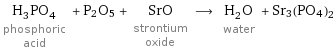 H_3PO_4 phosphoric acid + P2O5 + SrO strontium oxide ⟶ H_2O water + Sr3(PO4)2