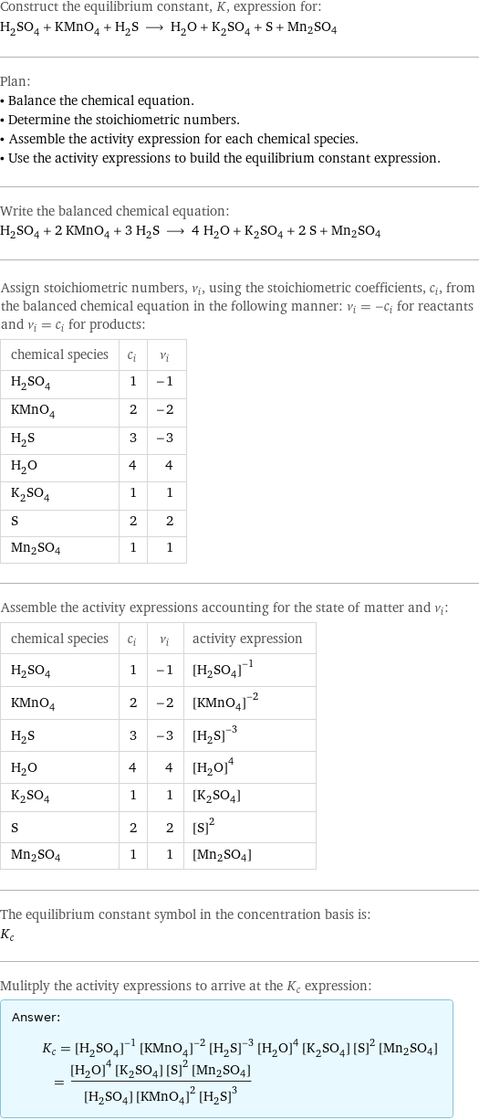 Construct the equilibrium constant, K, expression for: H_2SO_4 + KMnO_4 + H_2S ⟶ H_2O + K_2SO_4 + S + Mn2SO4 Plan: • Balance the chemical equation. • Determine the stoichiometric numbers. • Assemble the activity expression for each chemical species. • Use the activity expressions to build the equilibrium constant expression. Write the balanced chemical equation: H_2SO_4 + 2 KMnO_4 + 3 H_2S ⟶ 4 H_2O + K_2SO_4 + 2 S + Mn2SO4 Assign stoichiometric numbers, ν_i, using the stoichiometric coefficients, c_i, from the balanced chemical equation in the following manner: ν_i = -c_i for reactants and ν_i = c_i for products: chemical species | c_i | ν_i H_2SO_4 | 1 | -1 KMnO_4 | 2 | -2 H_2S | 3 | -3 H_2O | 4 | 4 K_2SO_4 | 1 | 1 S | 2 | 2 Mn2SO4 | 1 | 1 Assemble the activity expressions accounting for the state of matter and ν_i: chemical species | c_i | ν_i | activity expression H_2SO_4 | 1 | -1 | ([H2SO4])^(-1) KMnO_4 | 2 | -2 | ([KMnO4])^(-2) H_2S | 3 | -3 | ([H2S])^(-3) H_2O | 4 | 4 | ([H2O])^4 K_2SO_4 | 1 | 1 | [K2SO4] S | 2 | 2 | ([S])^2 Mn2SO4 | 1 | 1 | [Mn2SO4] The equilibrium constant symbol in the concentration basis is: K_c Mulitply the activity expressions to arrive at the K_c expression: Answer: |   | K_c = ([H2SO4])^(-1) ([KMnO4])^(-2) ([H2S])^(-3) ([H2O])^4 [K2SO4] ([S])^2 [Mn2SO4] = (([H2O])^4 [K2SO4] ([S])^2 [Mn2SO4])/([H2SO4] ([KMnO4])^2 ([H2S])^3)