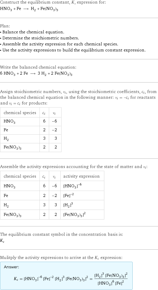 Construct the equilibrium constant, K, expression for: HNO_3 + Fe ⟶ H_2 + Fe(NO_3)_3 Plan: • Balance the chemical equation. • Determine the stoichiometric numbers. • Assemble the activity expression for each chemical species. • Use the activity expressions to build the equilibrium constant expression. Write the balanced chemical equation: 6 HNO_3 + 2 Fe ⟶ 3 H_2 + 2 Fe(NO_3)_3 Assign stoichiometric numbers, ν_i, using the stoichiometric coefficients, c_i, from the balanced chemical equation in the following manner: ν_i = -c_i for reactants and ν_i = c_i for products: chemical species | c_i | ν_i HNO_3 | 6 | -6 Fe | 2 | -2 H_2 | 3 | 3 Fe(NO_3)_3 | 2 | 2 Assemble the activity expressions accounting for the state of matter and ν_i: chemical species | c_i | ν_i | activity expression HNO_3 | 6 | -6 | ([HNO3])^(-6) Fe | 2 | -2 | ([Fe])^(-2) H_2 | 3 | 3 | ([H2])^3 Fe(NO_3)_3 | 2 | 2 | ([Fe(NO3)3])^2 The equilibrium constant symbol in the concentration basis is: K_c Mulitply the activity expressions to arrive at the K_c expression: Answer: |   | K_c = ([HNO3])^(-6) ([Fe])^(-2) ([H2])^3 ([Fe(NO3)3])^2 = (([H2])^3 ([Fe(NO3)3])^2)/(([HNO3])^6 ([Fe])^2)