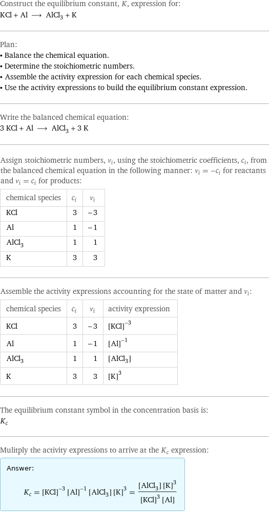 Construct the equilibrium constant, K, expression for: KCl + Al ⟶ AlCl_3 + K Plan: • Balance the chemical equation. • Determine the stoichiometric numbers. • Assemble the activity expression for each chemical species. • Use the activity expressions to build the equilibrium constant expression. Write the balanced chemical equation: 3 KCl + Al ⟶ AlCl_3 + 3 K Assign stoichiometric numbers, ν_i, using the stoichiometric coefficients, c_i, from the balanced chemical equation in the following manner: ν_i = -c_i for reactants and ν_i = c_i for products: chemical species | c_i | ν_i KCl | 3 | -3 Al | 1 | -1 AlCl_3 | 1 | 1 K | 3 | 3 Assemble the activity expressions accounting for the state of matter and ν_i: chemical species | c_i | ν_i | activity expression KCl | 3 | -3 | ([KCl])^(-3) Al | 1 | -1 | ([Al])^(-1) AlCl_3 | 1 | 1 | [AlCl3] K | 3 | 3 | ([K])^3 The equilibrium constant symbol in the concentration basis is: K_c Mulitply the activity expressions to arrive at the K_c expression: Answer: |   | K_c = ([KCl])^(-3) ([Al])^(-1) [AlCl3] ([K])^3 = ([AlCl3] ([K])^3)/(([KCl])^3 [Al])