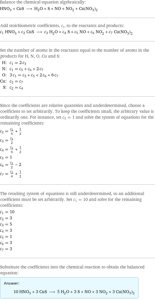 Balance the chemical equation algebraically: HNO_3 + CuS ⟶ H_2O + S + NO + NO_2 + Cu(NO_3)_2 Add stoichiometric coefficients, c_i, to the reactants and products: c_1 HNO_3 + c_2 CuS ⟶ c_3 H_2O + c_4 S + c_5 NO + c_6 NO_2 + c_7 Cu(NO_3)_2 Set the number of atoms in the reactants equal to the number of atoms in the products for H, N, O, Cu and S: H: | c_1 = 2 c_3 N: | c_1 = c_5 + c_6 + 2 c_7 O: | 3 c_1 = c_3 + c_5 + 2 c_6 + 6 c_7 Cu: | c_2 = c_7 S: | c_2 = c_4 Since the coefficients are relative quantities and underdetermined, choose a coefficient to set arbitrarily. To keep the coefficients small, the arbitrary value is ordinarily one. For instance, set c_5 = 1 and solve the system of equations for the remaining coefficients: c_2 = c_1/4 + 1/2 c_3 = c_1/2 c_4 = c_1/4 + 1/2 c_5 = 1 c_6 = c_1/2 - 2 c_7 = c_1/4 + 1/2 The resulting system of equations is still underdetermined, so an additional coefficient must be set arbitrarily. Set c_1 = 10 and solve for the remaining coefficients: c_1 = 10 c_2 = 3 c_3 = 5 c_4 = 3 c_5 = 1 c_6 = 3 c_7 = 3 Substitute the coefficients into the chemical reaction to obtain the balanced equation: Answer: |   | 10 HNO_3 + 3 CuS ⟶ 5 H_2O + 3 S + NO + 3 NO_2 + 3 Cu(NO_3)_2