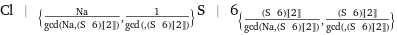 Cl | _({Na/gcd(Na, (S | 6)[[2]]), 1/gcd(, (S | 6)[[2]])})S | 6_({((S | 6)[[2]])/gcd(Na, (S | 6)[[2]]), ((S | 6)[[2]])/gcd(, (S | 6)[[2]])})