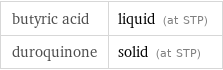 butyric acid | liquid (at STP) duroquinone | solid (at STP)