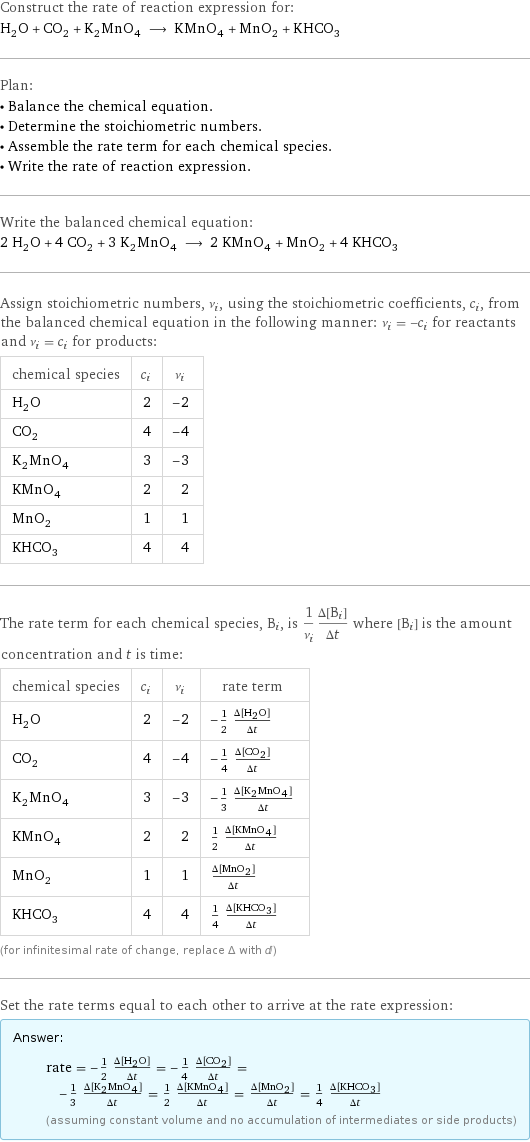 Construct the rate of reaction expression for: H_2O + CO_2 + K_2MnO_4 ⟶ KMnO_4 + MnO_2 + KHCO_3 Plan: • Balance the chemical equation. • Determine the stoichiometric numbers. • Assemble the rate term for each chemical species. • Write the rate of reaction expression. Write the balanced chemical equation: 2 H_2O + 4 CO_2 + 3 K_2MnO_4 ⟶ 2 KMnO_4 + MnO_2 + 4 KHCO_3 Assign stoichiometric numbers, ν_i, using the stoichiometric coefficients, c_i, from the balanced chemical equation in the following manner: ν_i = -c_i for reactants and ν_i = c_i for products: chemical species | c_i | ν_i H_2O | 2 | -2 CO_2 | 4 | -4 K_2MnO_4 | 3 | -3 KMnO_4 | 2 | 2 MnO_2 | 1 | 1 KHCO_3 | 4 | 4 The rate term for each chemical species, B_i, is 1/ν_i(Δ[B_i])/(Δt) where [B_i] is the amount concentration and t is time: chemical species | c_i | ν_i | rate term H_2O | 2 | -2 | -1/2 (Δ[H2O])/(Δt) CO_2 | 4 | -4 | -1/4 (Δ[CO2])/(Δt) K_2MnO_4 | 3 | -3 | -1/3 (Δ[K2MnO4])/(Δt) KMnO_4 | 2 | 2 | 1/2 (Δ[KMnO4])/(Δt) MnO_2 | 1 | 1 | (Δ[MnO2])/(Δt) KHCO_3 | 4 | 4 | 1/4 (Δ[KHCO3])/(Δt) (for infinitesimal rate of change, replace Δ with d) Set the rate terms equal to each other to arrive at the rate expression: Answer: |   | rate = -1/2 (Δ[H2O])/(Δt) = -1/4 (Δ[CO2])/(Δt) = -1/3 (Δ[K2MnO4])/(Δt) = 1/2 (Δ[KMnO4])/(Δt) = (Δ[MnO2])/(Δt) = 1/4 (Δ[KHCO3])/(Δt) (assuming constant volume and no accumulation of intermediates or side products)