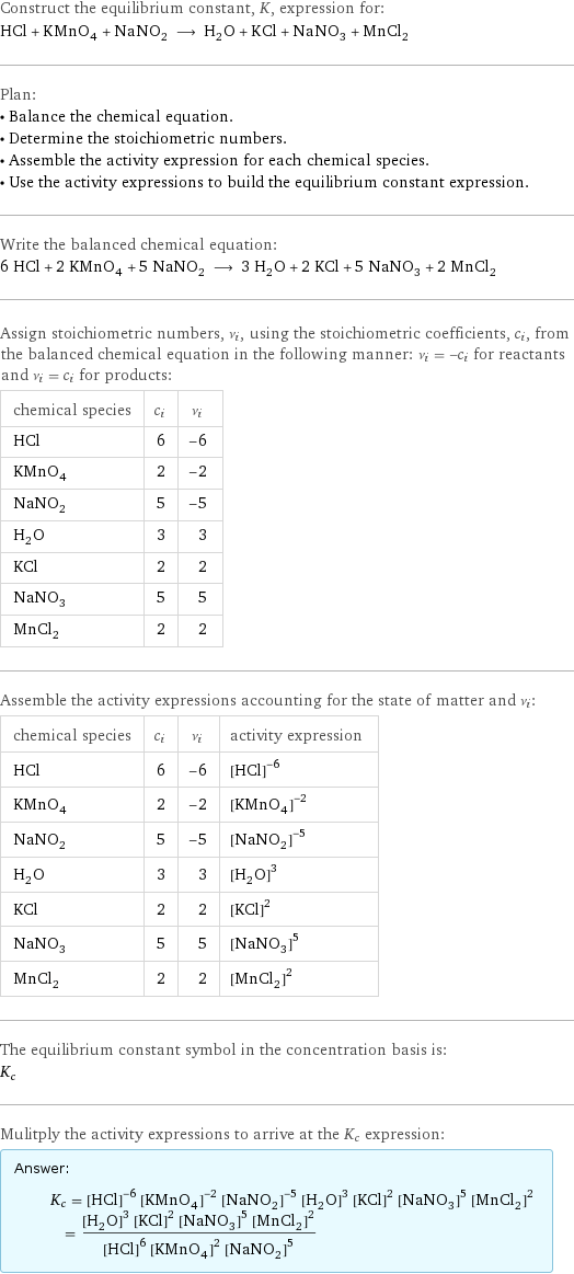 Construct the equilibrium constant, K, expression for: HCl + KMnO_4 + NaNO_2 ⟶ H_2O + KCl + NaNO_3 + MnCl_2 Plan: • Balance the chemical equation. • Determine the stoichiometric numbers. • Assemble the activity expression for each chemical species. • Use the activity expressions to build the equilibrium constant expression. Write the balanced chemical equation: 6 HCl + 2 KMnO_4 + 5 NaNO_2 ⟶ 3 H_2O + 2 KCl + 5 NaNO_3 + 2 MnCl_2 Assign stoichiometric numbers, ν_i, using the stoichiometric coefficients, c_i, from the balanced chemical equation in the following manner: ν_i = -c_i for reactants and ν_i = c_i for products: chemical species | c_i | ν_i HCl | 6 | -6 KMnO_4 | 2 | -2 NaNO_2 | 5 | -5 H_2O | 3 | 3 KCl | 2 | 2 NaNO_3 | 5 | 5 MnCl_2 | 2 | 2 Assemble the activity expressions accounting for the state of matter and ν_i: chemical species | c_i | ν_i | activity expression HCl | 6 | -6 | ([HCl])^(-6) KMnO_4 | 2 | -2 | ([KMnO4])^(-2) NaNO_2 | 5 | -5 | ([NaNO2])^(-5) H_2O | 3 | 3 | ([H2O])^3 KCl | 2 | 2 | ([KCl])^2 NaNO_3 | 5 | 5 | ([NaNO3])^5 MnCl_2 | 2 | 2 | ([MnCl2])^2 The equilibrium constant symbol in the concentration basis is: K_c Mulitply the activity expressions to arrive at the K_c expression: Answer: |   | K_c = ([HCl])^(-6) ([KMnO4])^(-2) ([NaNO2])^(-5) ([H2O])^3 ([KCl])^2 ([NaNO3])^5 ([MnCl2])^2 = (([H2O])^3 ([KCl])^2 ([NaNO3])^5 ([MnCl2])^2)/(([HCl])^6 ([KMnO4])^2 ([NaNO2])^5)