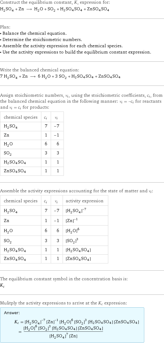 Construct the equilibrium constant, K, expression for: H_2SO_4 + Zn ⟶ H_2O + SO_2 + H2SO4SO4 + ZnSO4SO4 Plan: • Balance the chemical equation. • Determine the stoichiometric numbers. • Assemble the activity expression for each chemical species. • Use the activity expressions to build the equilibrium constant expression. Write the balanced chemical equation: 7 H_2SO_4 + Zn ⟶ 6 H_2O + 3 SO_2 + H2SO4SO4 + ZnSO4SO4 Assign stoichiometric numbers, ν_i, using the stoichiometric coefficients, c_i, from the balanced chemical equation in the following manner: ν_i = -c_i for reactants and ν_i = c_i for products: chemical species | c_i | ν_i H_2SO_4 | 7 | -7 Zn | 1 | -1 H_2O | 6 | 6 SO_2 | 3 | 3 H2SO4SO4 | 1 | 1 ZnSO4SO4 | 1 | 1 Assemble the activity expressions accounting for the state of matter and ν_i: chemical species | c_i | ν_i | activity expression H_2SO_4 | 7 | -7 | ([H2SO4])^(-7) Zn | 1 | -1 | ([Zn])^(-1) H_2O | 6 | 6 | ([H2O])^6 SO_2 | 3 | 3 | ([SO2])^3 H2SO4SO4 | 1 | 1 | [H2SO4SO4] ZnSO4SO4 | 1 | 1 | [ZnSO4SO4] The equilibrium constant symbol in the concentration basis is: K_c Mulitply the activity expressions to arrive at the K_c expression: Answer: |   | K_c = ([H2SO4])^(-7) ([Zn])^(-1) ([H2O])^6 ([SO2])^3 [H2SO4SO4] [ZnSO4SO4] = (([H2O])^6 ([SO2])^3 [H2SO4SO4] [ZnSO4SO4])/(([H2SO4])^7 [Zn])