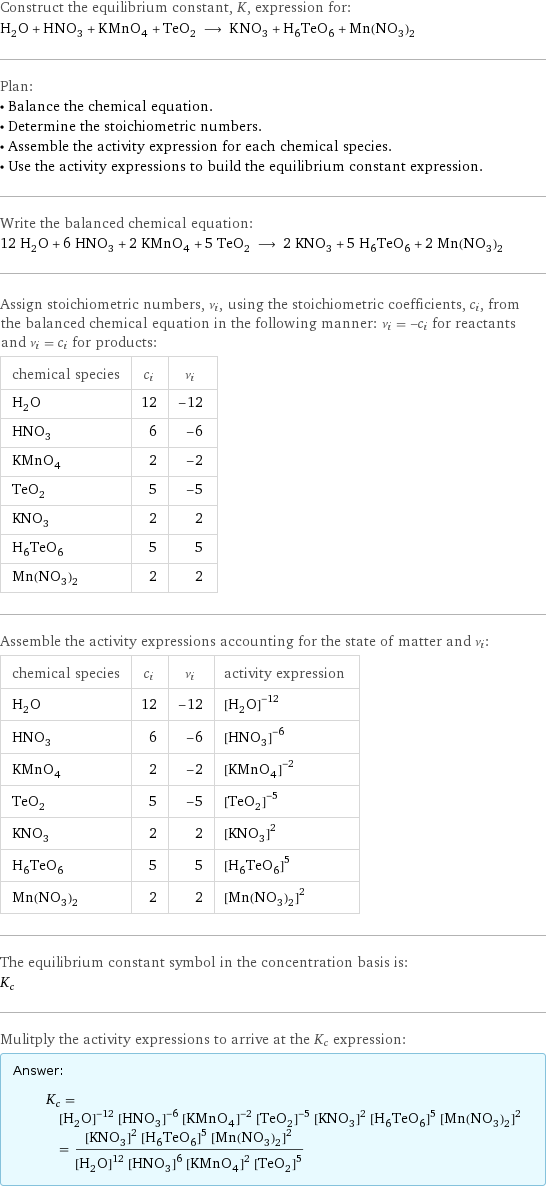 Construct the equilibrium constant, K, expression for: H_2O + HNO_3 + KMnO_4 + TeO_2 ⟶ KNO_3 + H_6TeO_6 + Mn(NO_3)_2 Plan: • Balance the chemical equation. • Determine the stoichiometric numbers. • Assemble the activity expression for each chemical species. • Use the activity expressions to build the equilibrium constant expression. Write the balanced chemical equation: 12 H_2O + 6 HNO_3 + 2 KMnO_4 + 5 TeO_2 ⟶ 2 KNO_3 + 5 H_6TeO_6 + 2 Mn(NO_3)_2 Assign stoichiometric numbers, ν_i, using the stoichiometric coefficients, c_i, from the balanced chemical equation in the following manner: ν_i = -c_i for reactants and ν_i = c_i for products: chemical species | c_i | ν_i H_2O | 12 | -12 HNO_3 | 6 | -6 KMnO_4 | 2 | -2 TeO_2 | 5 | -5 KNO_3 | 2 | 2 H_6TeO_6 | 5 | 5 Mn(NO_3)_2 | 2 | 2 Assemble the activity expressions accounting for the state of matter and ν_i: chemical species | c_i | ν_i | activity expression H_2O | 12 | -12 | ([H2O])^(-12) HNO_3 | 6 | -6 | ([HNO3])^(-6) KMnO_4 | 2 | -2 | ([KMnO4])^(-2) TeO_2 | 5 | -5 | ([TeO2])^(-5) KNO_3 | 2 | 2 | ([KNO3])^2 H_6TeO_6 | 5 | 5 | ([H6TeO6])^5 Mn(NO_3)_2 | 2 | 2 | ([Mn(NO3)2])^2 The equilibrium constant symbol in the concentration basis is: K_c Mulitply the activity expressions to arrive at the K_c expression: Answer: |   | K_c = ([H2O])^(-12) ([HNO3])^(-6) ([KMnO4])^(-2) ([TeO2])^(-5) ([KNO3])^2 ([H6TeO6])^5 ([Mn(NO3)2])^2 = (([KNO3])^2 ([H6TeO6])^5 ([Mn(NO3)2])^2)/(([H2O])^12 ([HNO3])^6 ([KMnO4])^2 ([TeO2])^5)